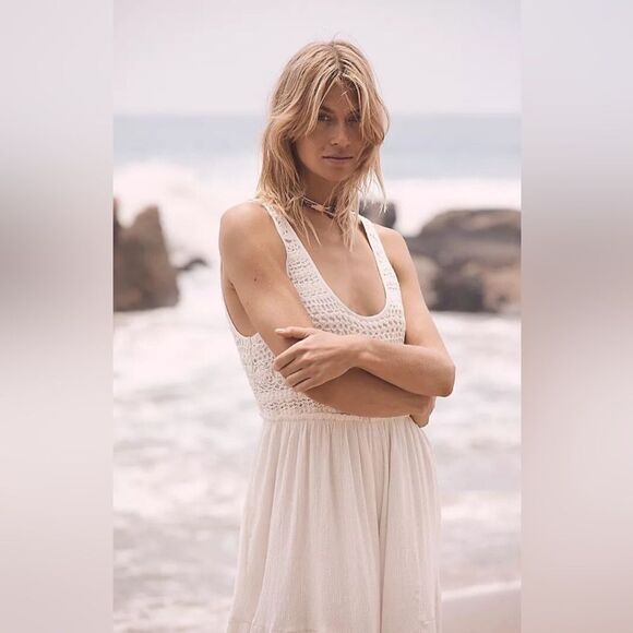 Free people Soleil wide leg cream jumpsuit romper gauzy cotton and crochet small - Picture 4 of 13